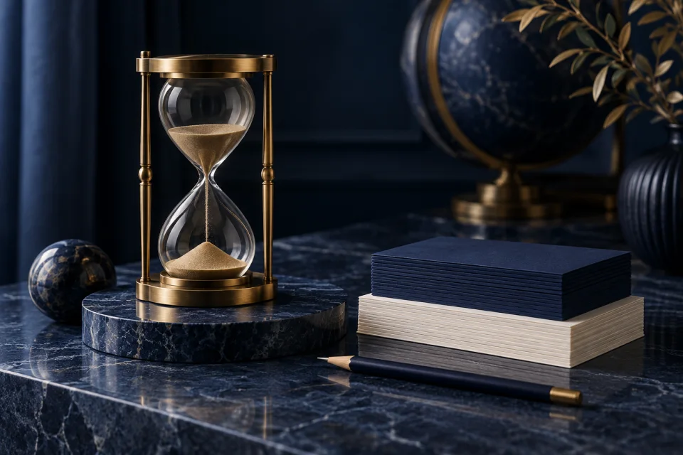 Academic mentoring concept Brass hourglass beside neatly stacked blank cards