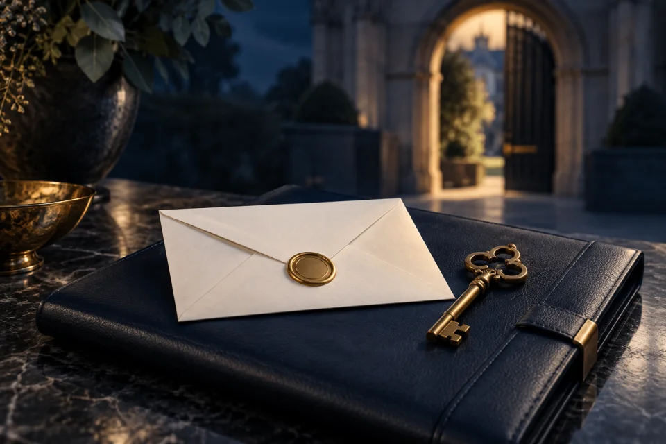 Admissions support concept Sealed envelope and brass key before an open archway