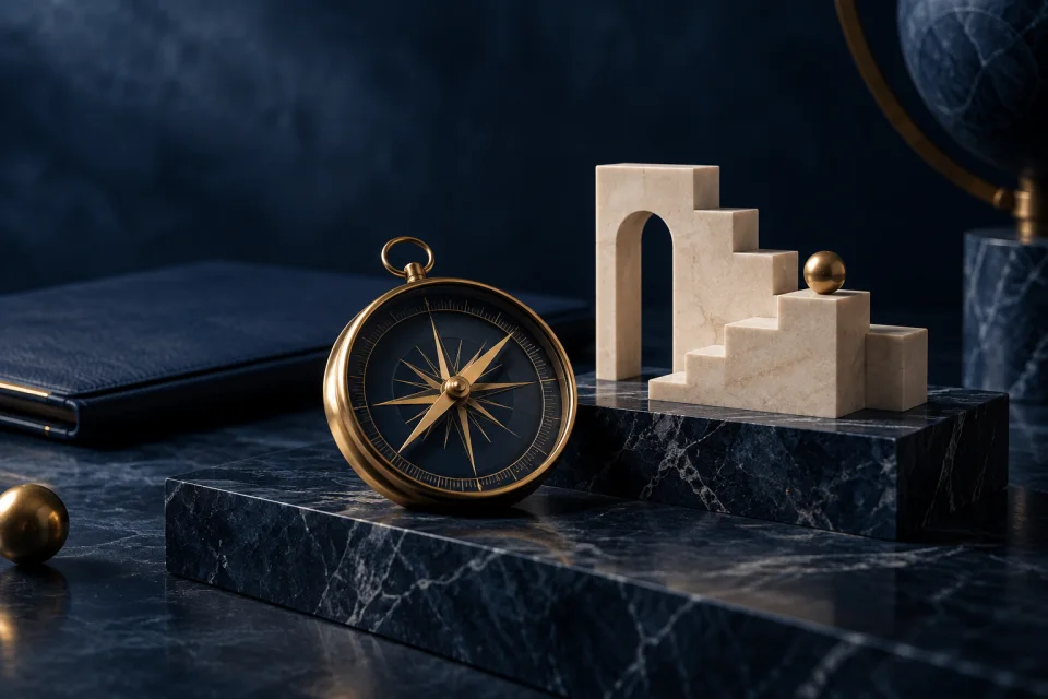 Educational consultancy concept Brass compass beside an architectural pathway sculpture