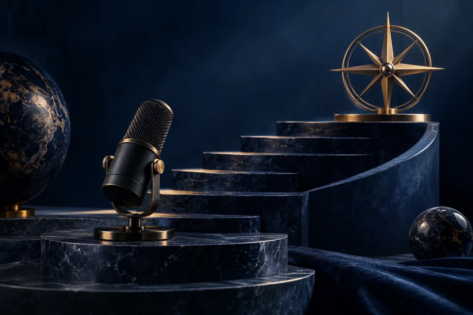 Future pathways concept Microphone and compass sculpture beside rising stone steps