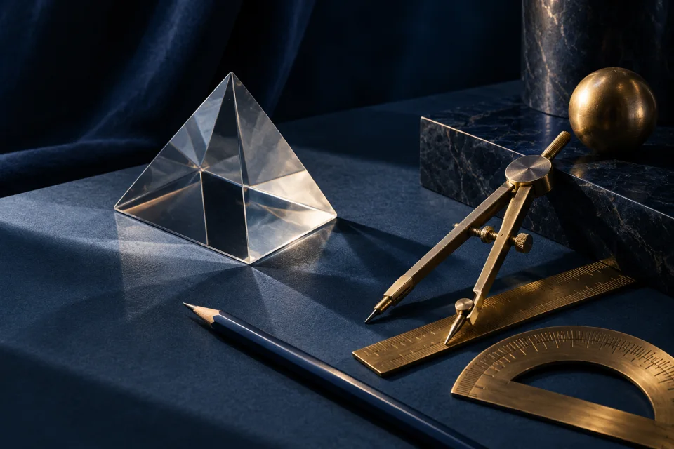 Specialist tutoring concept Brass geometry instruments and a glass geometric solid