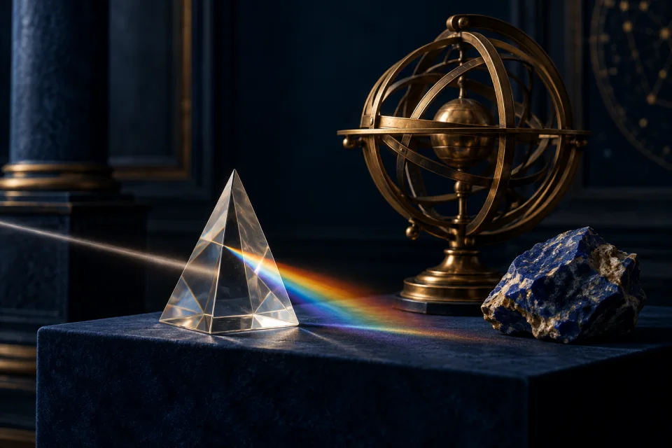 Super-curricular development concept Glass prism, armillary sphere and mineral specimen